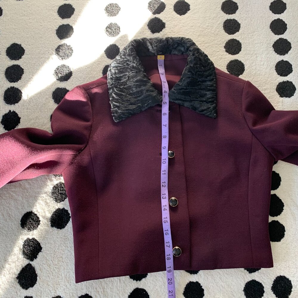 Vintage 60s Burgundy Black Faux Fur Trim 2 Pc Belted Dress Cropped Blazer Set - Picture 11 of 16